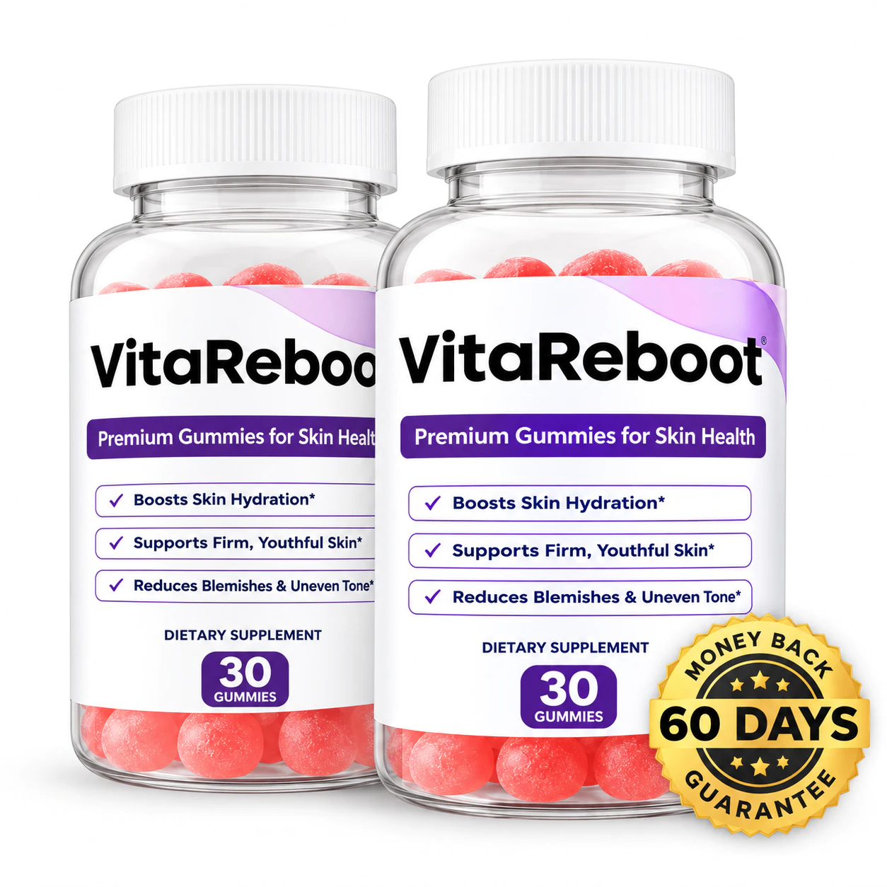 Two VitaReboot bottles with red gummies and a promotional 60-day guarantee badge