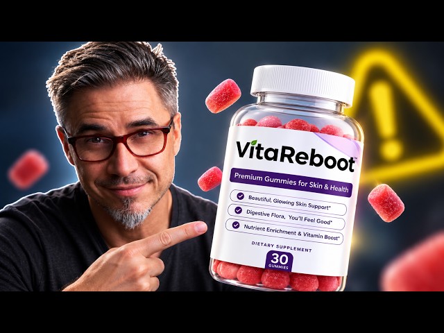 Supplied VitaReboot promotional artwork showing a man pointing toward a gummy bottle